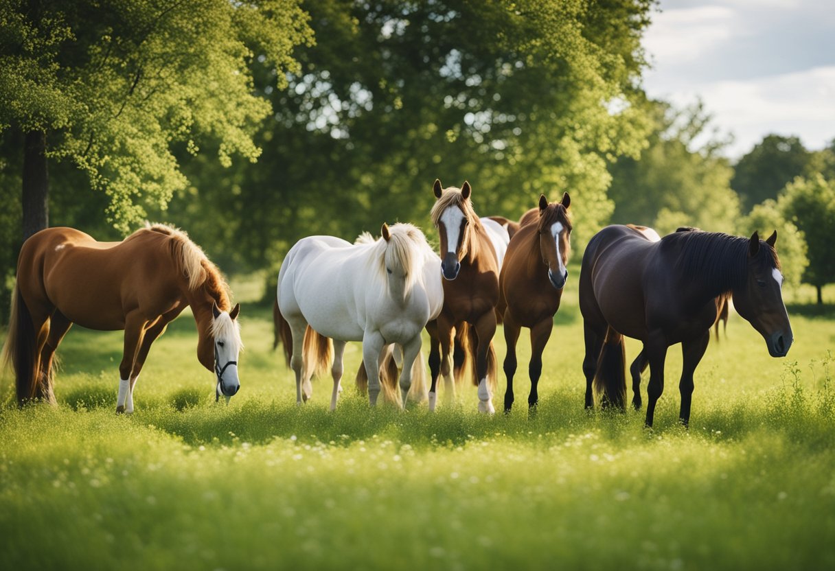 A group of horses grazing in a lush green pasture, with a variety of vitamins, minerals, and herbs scattered in their feeding area