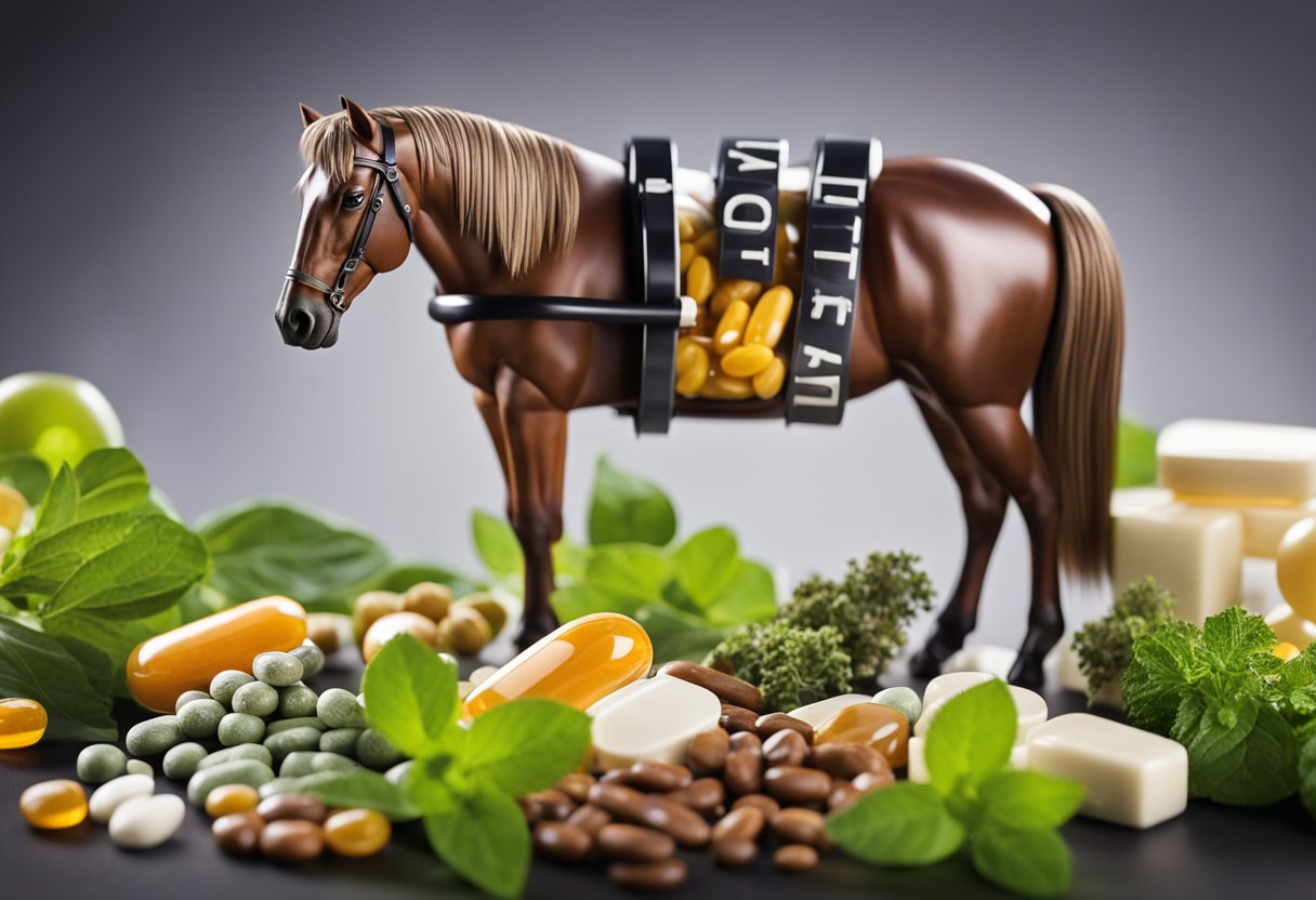 A horse with insulin-resistant supplements, surrounded by vitamins, minerals, and herbs