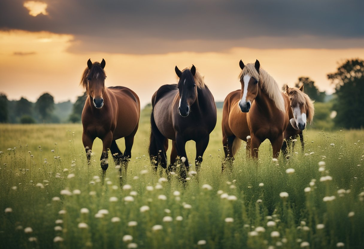 A group of horses grazing in a lush field, with a variety of vitamins, minerals, and herbs surrounding them, including milk thistle seeds