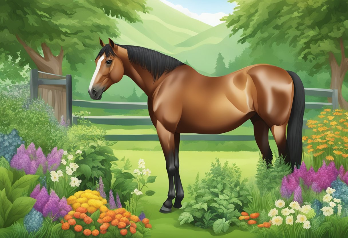 A horse standing in a lush green pasture, surrounded by various supplements and herbs known to aid in laminitis relief