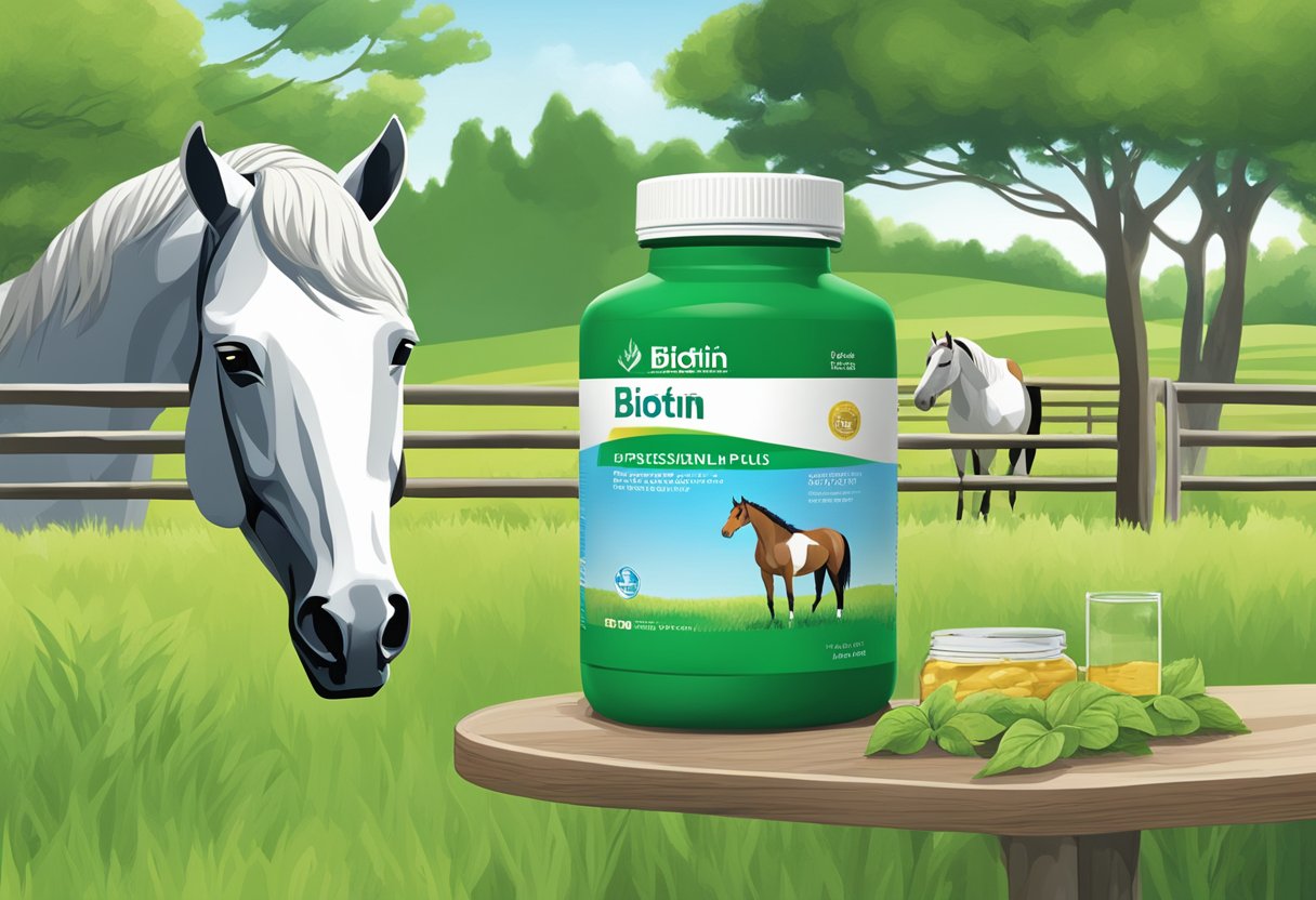 A horse peacefully grazing in a lush green pasture, with a bottle of Biotin Plus Supplement placed next to a water trough