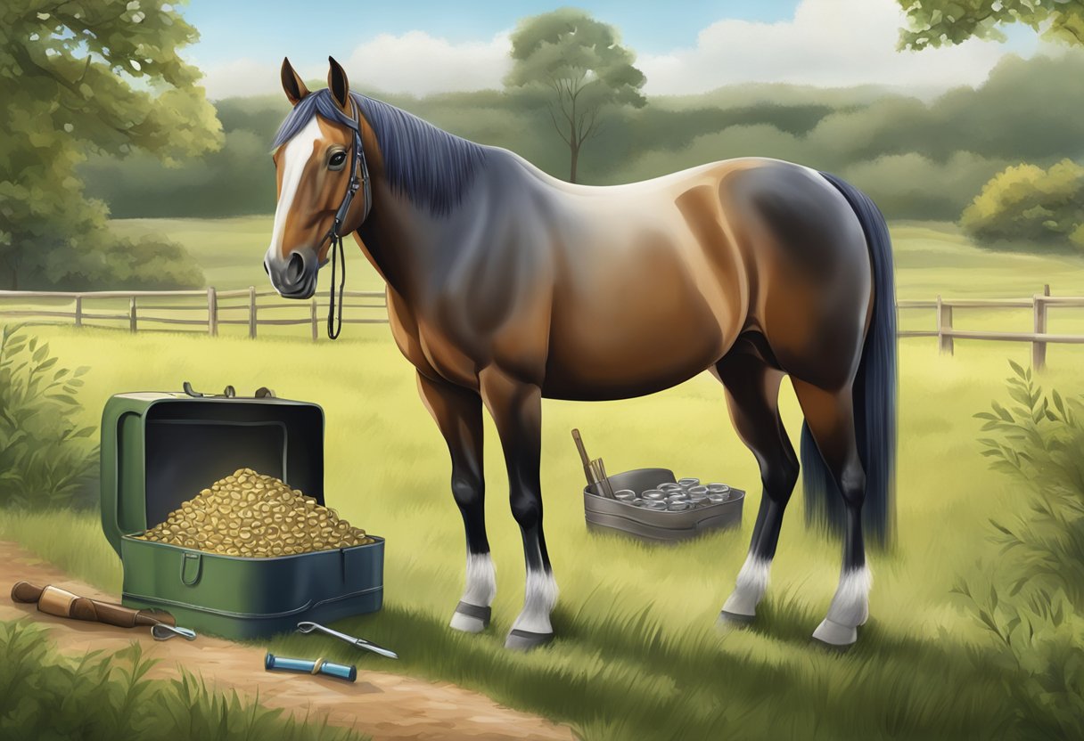 A horse standing in a peaceful pasture, with a farrier's tools and a bottle of Horseshoer's Secret supplements nearby, representing relief from laminitis