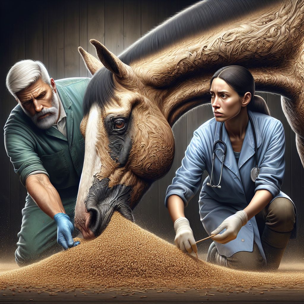 a farrier and a vet look on as a horse is feeding itself from a large pile of chaff and grains, and they consider the benefits of Timothy Chaff vs Meadow Chaff
