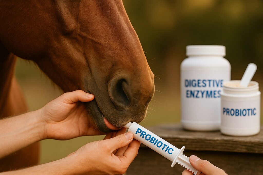 Close-up of hands administering supplements to a gentle chestnut horse's mouth, with supplement containers visible in the background