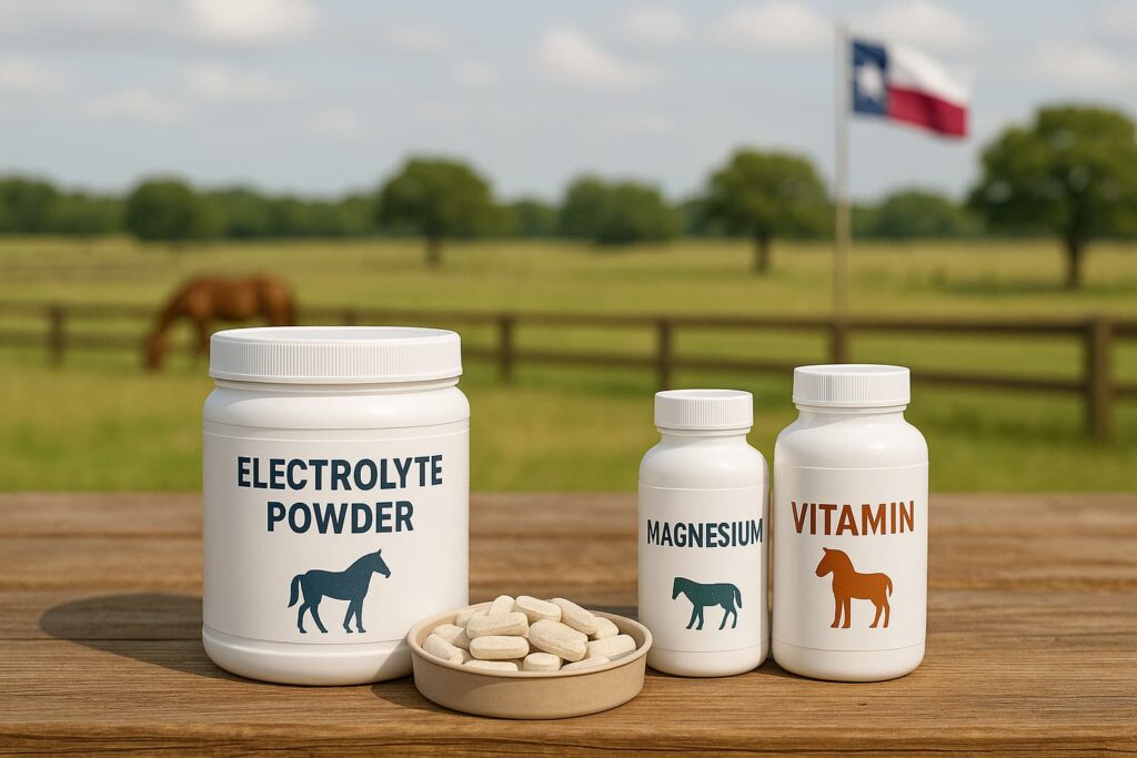 a selection of bottled equine supplements on a barn table in front of a horse paddock with the Texas state flag in the background