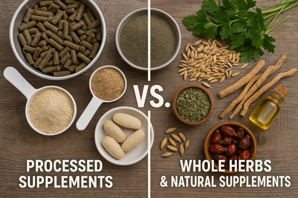 Split-screen comparison showing conventional processed supplements vs. whole organic herbs and natural supplements as would be applicable to horses