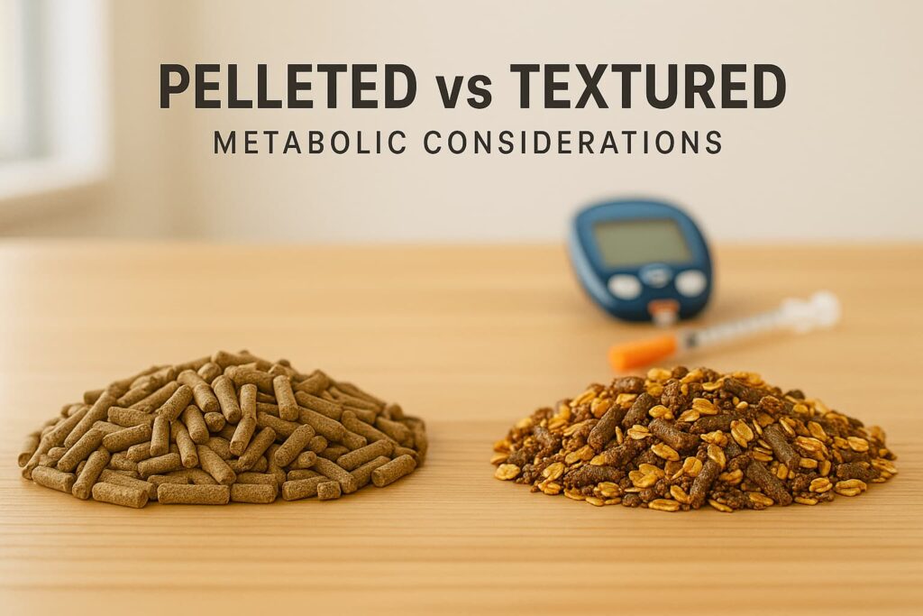 Pelleted Feed vs Textured Feed for Horses with metabolic considerations. Two feed samples displayed on a wooden surface: uniform brown pellets on left, mixed textured feed on right. Include subtle glucose meter and insulin syringe in background to represent metabolic monitoring.
