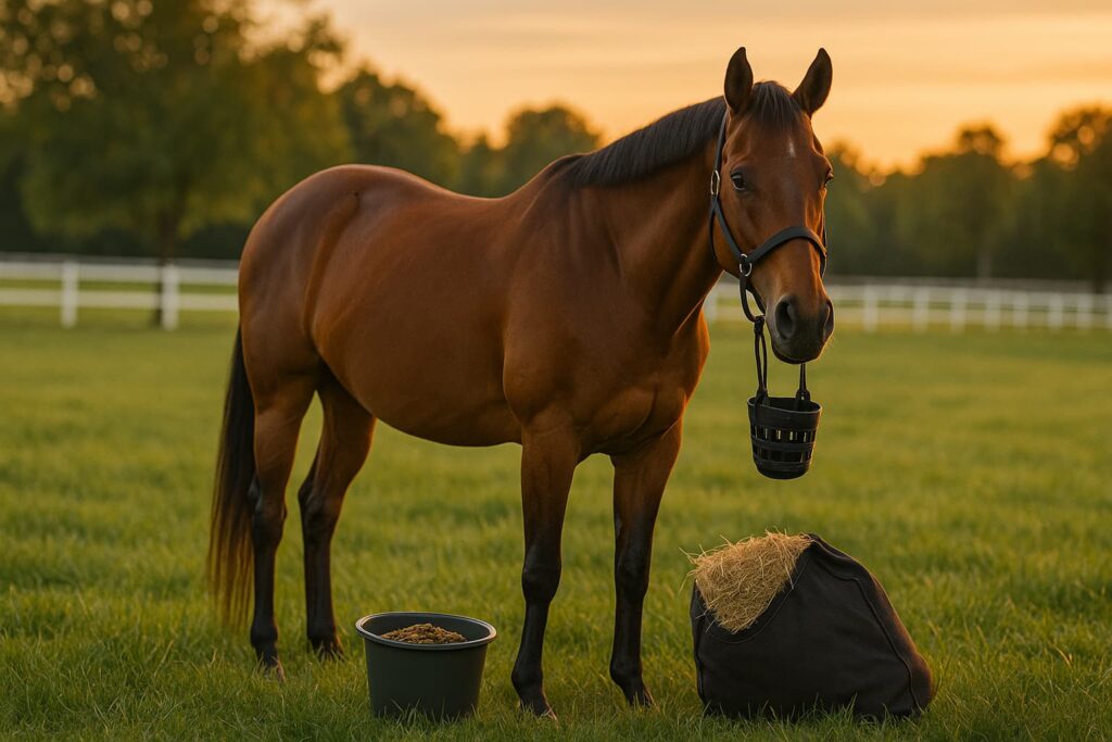 standing in a green pasture. Horse wears a well-fitting grazing muzzle hanging loosely around neck. In foreground, a feed bucket with nutritious pellets sits on grass next to a hay bag