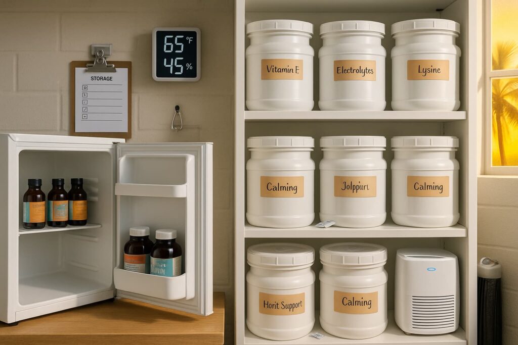 a well-organized, climate-controlled tack room in a Miami-area horse barn. The scene features clean white shelving units with multiple sealed supplement containers clearly labeled with handwritten tags. A small white mini-refrigerator stands open on the left side, showing liquid supplement bottles (amber glass bottles with colorful labels) neatly arranged inside. On the wall, mount a digital thermometer/hygrometer displaying 65°F and 45% humidity in clear LED number