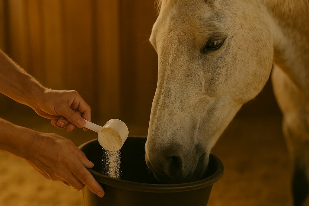 Caring hands measuring senior EMS horse supplements into a feed bucket while a gentle older gray horse watches softly in the background, warm golden hour stable lighting highlighting the bond between horse and caretaker