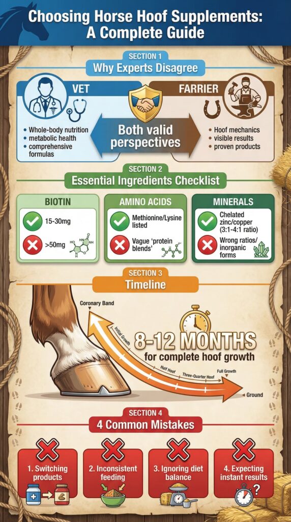 Infographic guide to choosing horse hoof supplements, explaining why vets and farriers disagree, essential hoof supplement ingredients like biotin, amino acids and chelated minerals, realistic 8–12 month hoof growth timeline, and common mistakes such as inconsistent feeding, poor diet balance, switching products, and expecting instant results.
