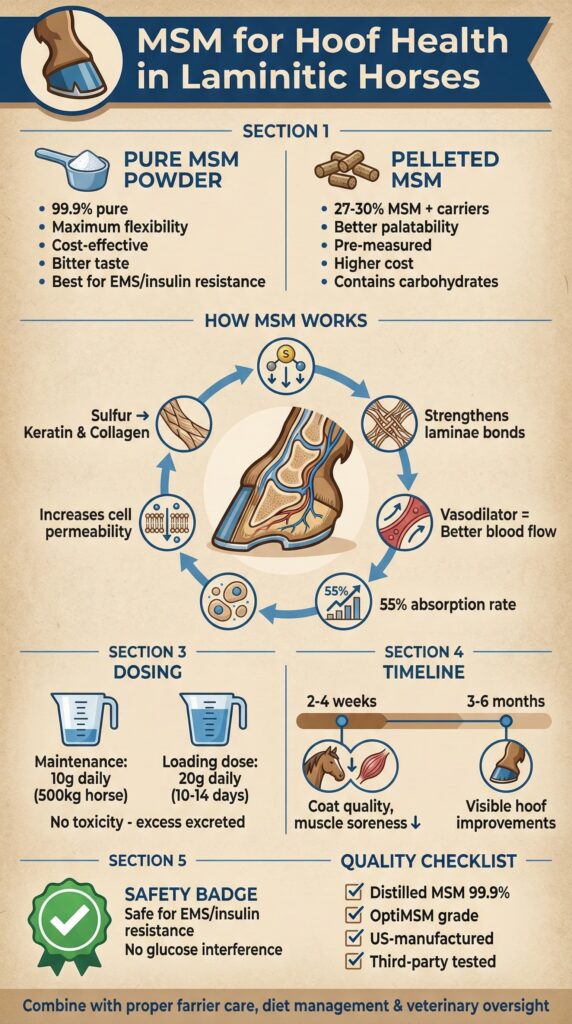 Infographic explaining MSM for hoof health in laminitic horses, comparing pure MSM powder vs pelleted MSM, how sulfur supports keratin and collagen, improves laminae strength and blood flow, EMS-safe dosing guidelines, absorption rate, safety checklist, and timeline for visible hoof improvement.