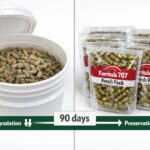 Horse supplement shelf life considerations for pellet degradation. A comparison image showing traditional bucket storage versus Formula 707 Fresh Pack sealed packaging over 90 days