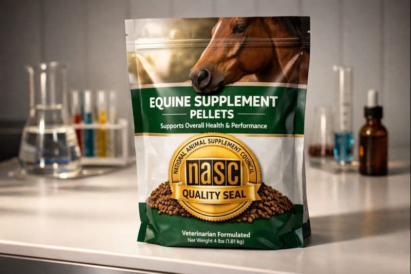 a representation of an equine supplement product bearing an interpretation of the NASC quality seal of approval