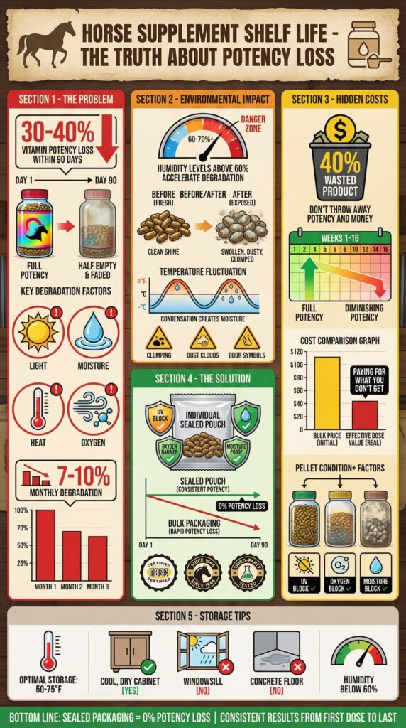 infographic summarising the reasons why many equine supplements lose potency over time